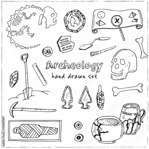 Archeology hand drawn sketch set of paleontological and archaeological ancient finds isolated vector illustration