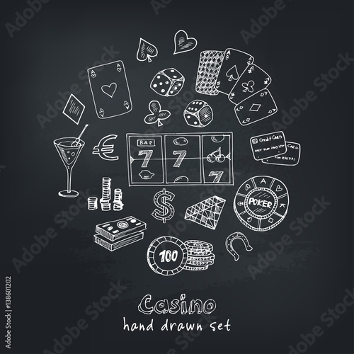 Hand drawn doodle set of Casino icons. Vector illustration. Cartoon Gambling symbols. Sketchy game elements collection: bet, jackpot, cards, chips, coins, darts, roulette, poker, money, slot.