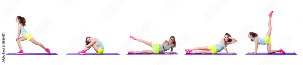 Young female doing exercises on white Young female doing exercises on white