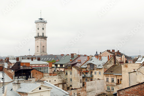 Old houses and towers of the historic city of Lvov Ukraine, view on roofs