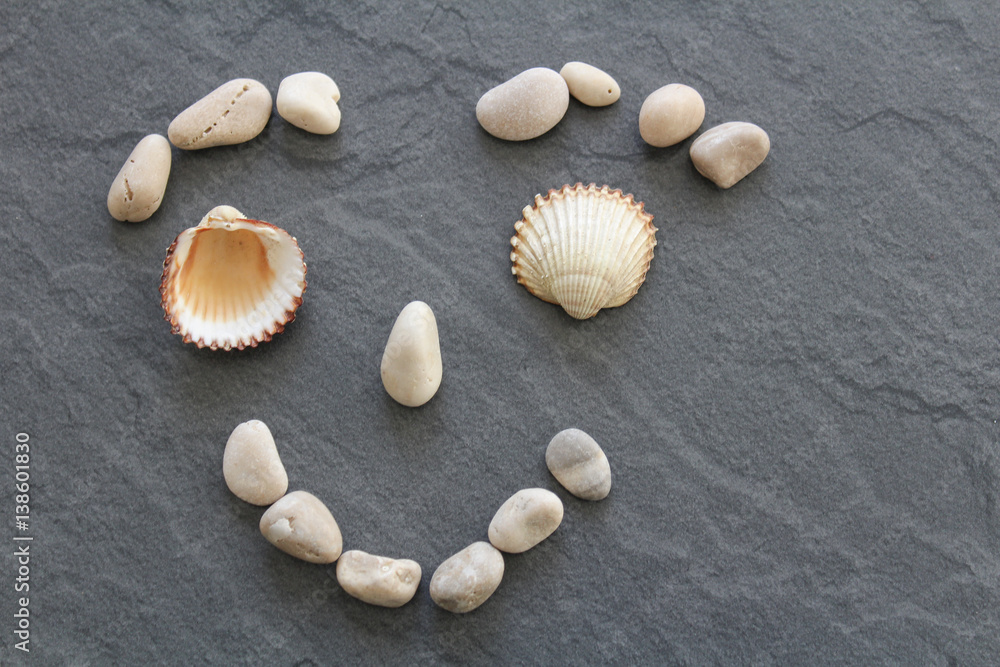 Sea shell with stone on dark background. Designed to face with one eye open Sea shell with stone on dark background. Designed to face with one eye open