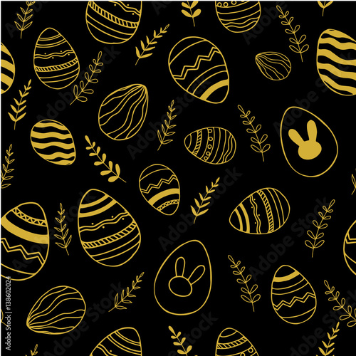 Easter seamless pattern. Hand drawn eggs and floral elements. Gold on black background.