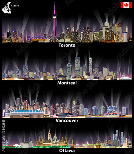 Toronto, Montreal, Vancouver,  Ottawa cities skylines at night with map and flag of Canada. Vector set