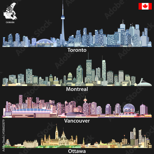 Toronto, Montreal, Vancouver and Ottawa skylines in different color palettes with map and flag of Canada