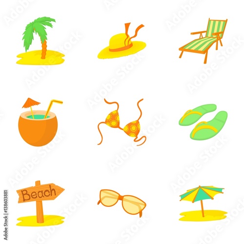 Journey to sea icons set, cartoon style