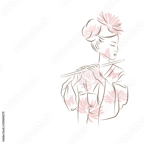 Beautiful Geisha girl. Asian woman is playing the flute . Oriental style painting. Hand drawing illustration with beautiful oriental woman. Vector isolated on white background.