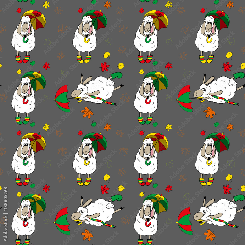 Naklejka premium Seamless pattern with sheep and foliage 