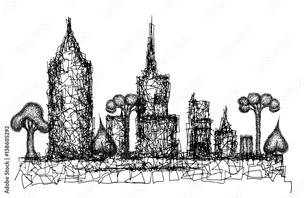 Fototapeta premium Abstract city with skyscrapers, Doodle design element