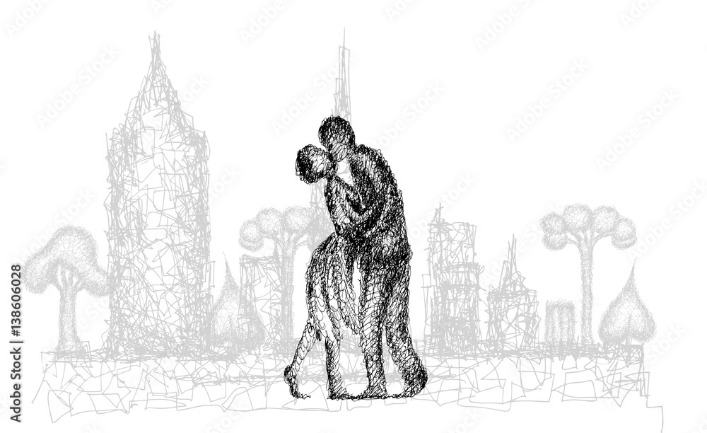 Naklejka premium Kiss in the City. Abstract illustration of kissing and hugging couple.