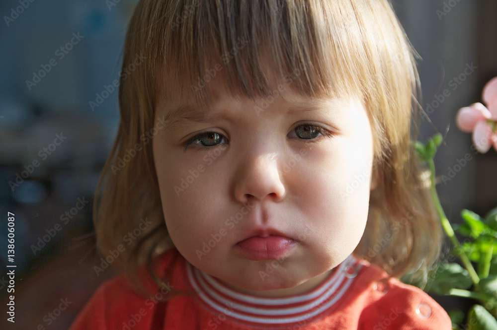 Sad little girl portrait crying closeup looking at camera indoor, Depression, loneliness, stress or fatigue concept, child don't feeling safe, emotional face Sad little girl portrait crying closeup looking at camera indoor, Depression, loneliness, stress or fatigue concept, child don't feeling safe, emotional face