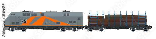 Orange Locomotive with Railway Platform for Timber Transportation, Train, Railway and Cargo Transport, Vector Illustration