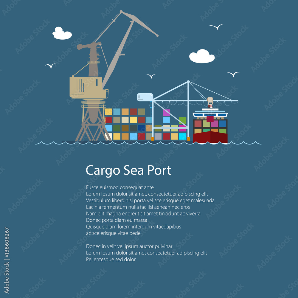 Seaport with Container Ship and Text , Unloading Containers from a Ship in a Docks with Cargo Crane, International Freight Transportation, Poster Brochure Flyer Design, Vector Illustration