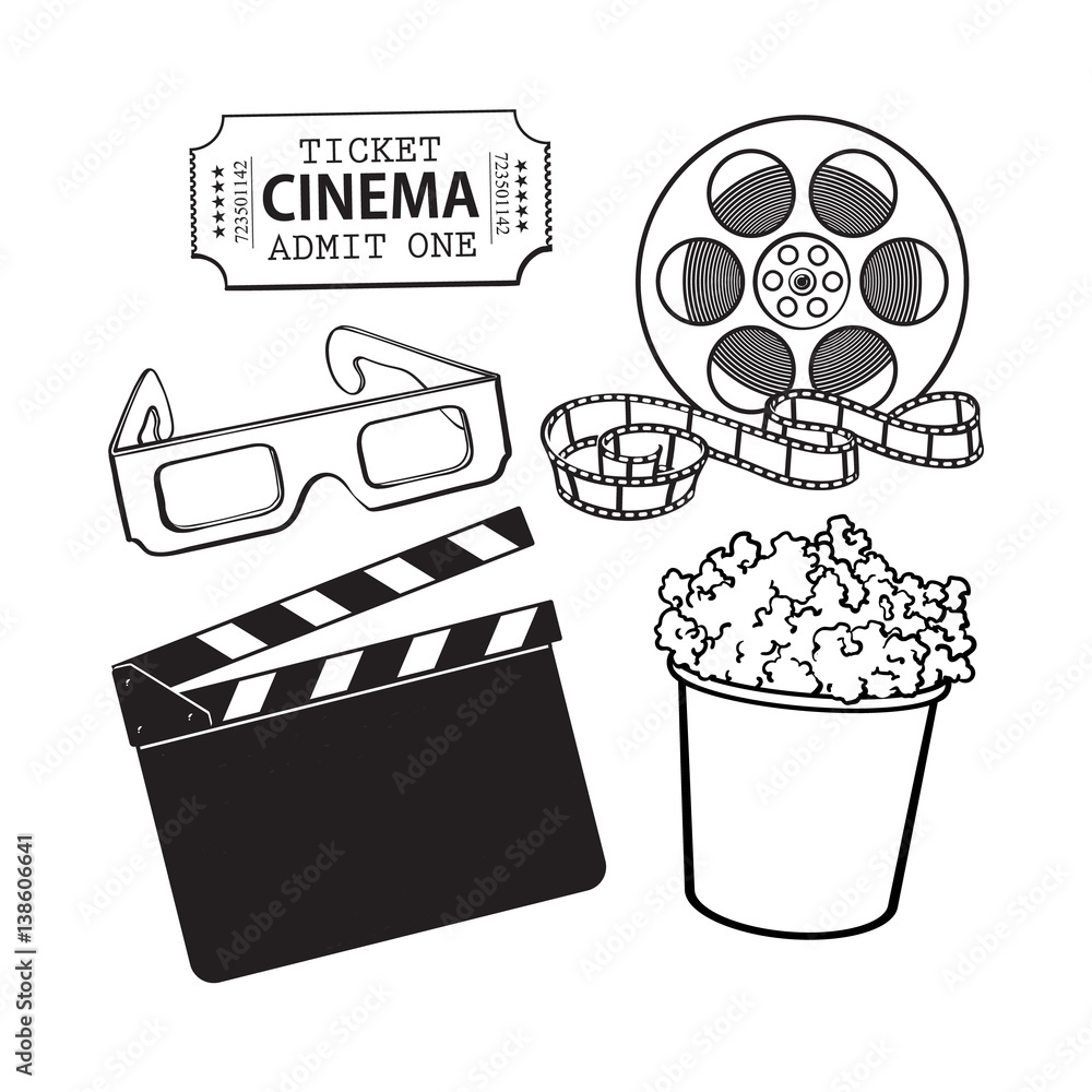 Cinema, movie objects - popcorn bucket, film roll, ticket, clapper board and 3d glasses, cartoon vector black and white illustration isolated on white background. Set of cinema, movies symbols, icons Stock Vector | Cinema, movie objects - popcorn bucket, film roll, ticket, clapper board and 3d glasses, cartoon vector black and white illustration isolated on white background. Set of cinema, movies symbols, icons Stock Vector |