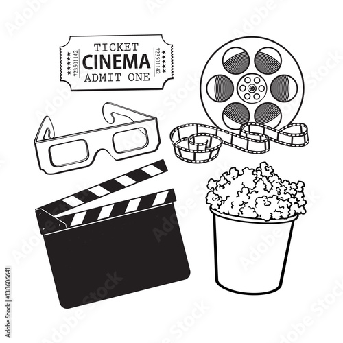 Cinema, movie objects - popcorn bucket, film roll, ticket, clapper board and 3d glasses, cartoon vector black and white illustration isolated on white background. Set of cinema, movies symbols, icons