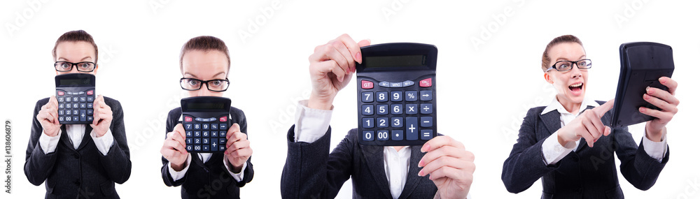 Funny accountant with calculator on white Funny accountant with calculator on white