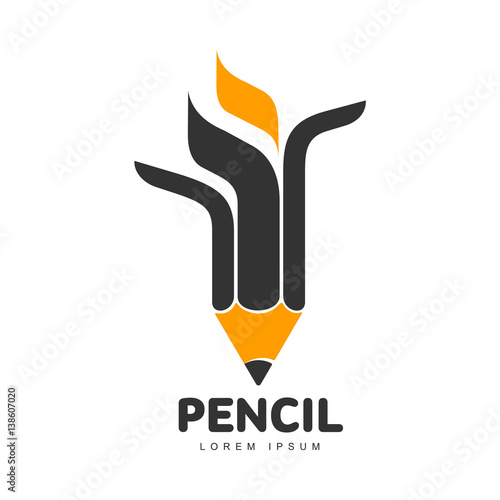 Three color vertical abstract graphic creative pencil logo template, vector illustration isolated on white background. Stylized graphic logotype, logo design with single pencil pointing down