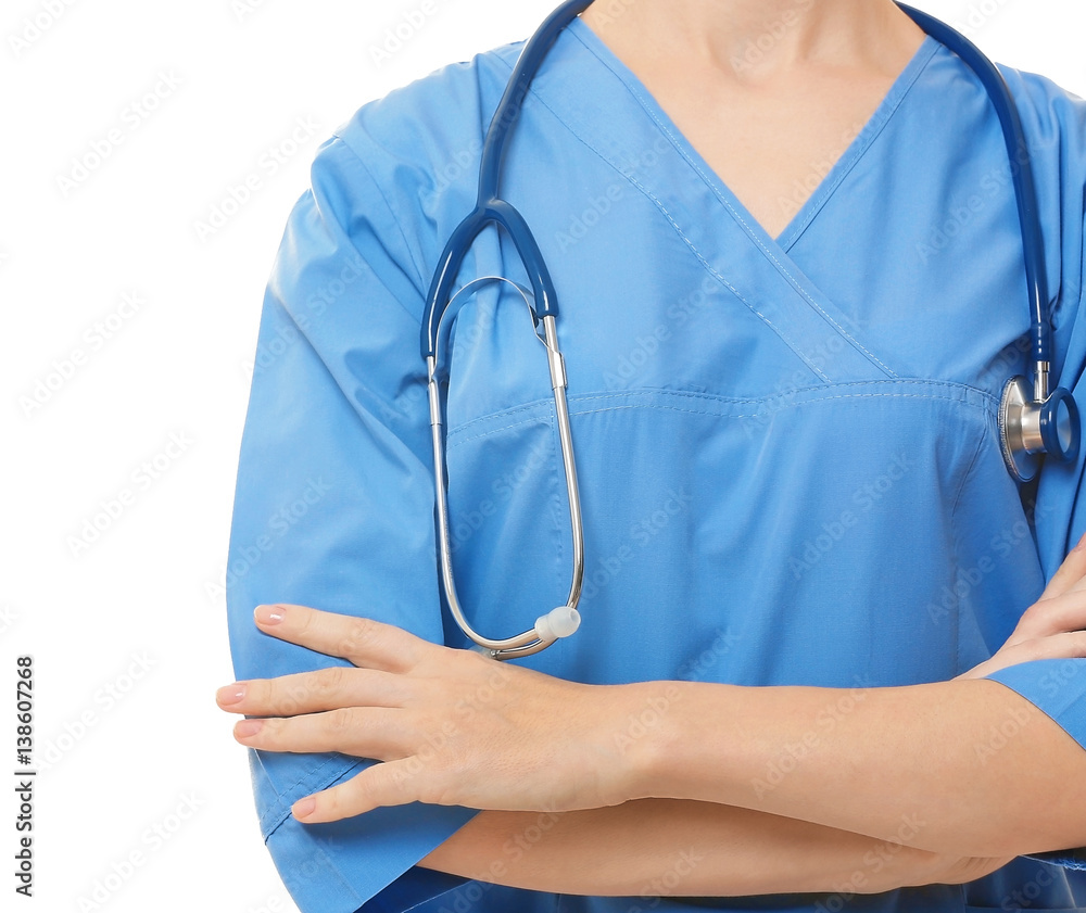 Young doctor with stethoscope on white background Young doctor with stethoscope on white background