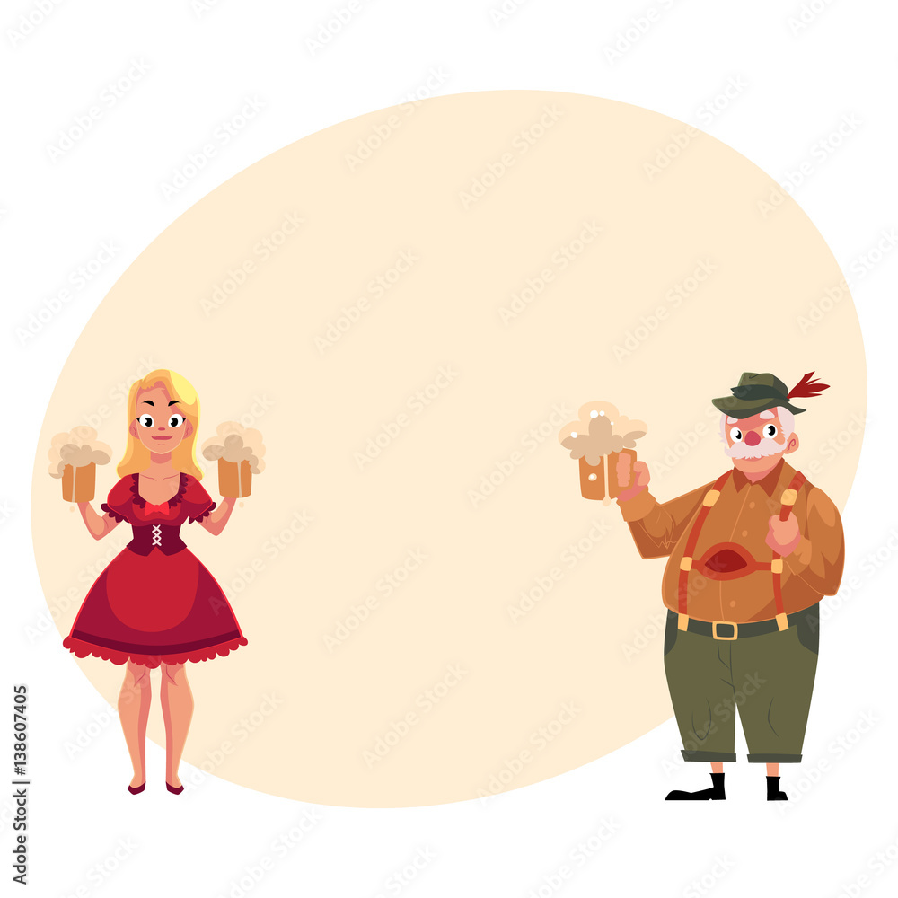Young man and woman in traditional German, Bavarian, Austrian Oktoberfest costume holding beer mugs, cartoon vector illustration with place for text. German couple in traditional costume Young man and woman in traditional German, Bavarian, Austrian Oktoberfest costume holding beer mugs, cartoon vector illustration with place for text. German couple in traditional costume