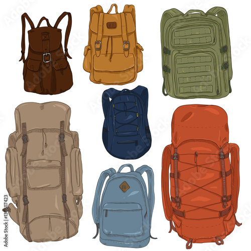 Vector Set of Cartoon Different Backpacks.