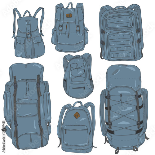Vector Set of Cartoon Different Backpacks.