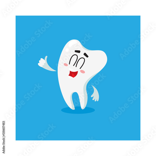 Cute and happy shiny white tooth character showing thumb up, good dental care concept, isolated cartoon vector illustration. Happy tooth character, mascot giving thumb up, dental health care symbol