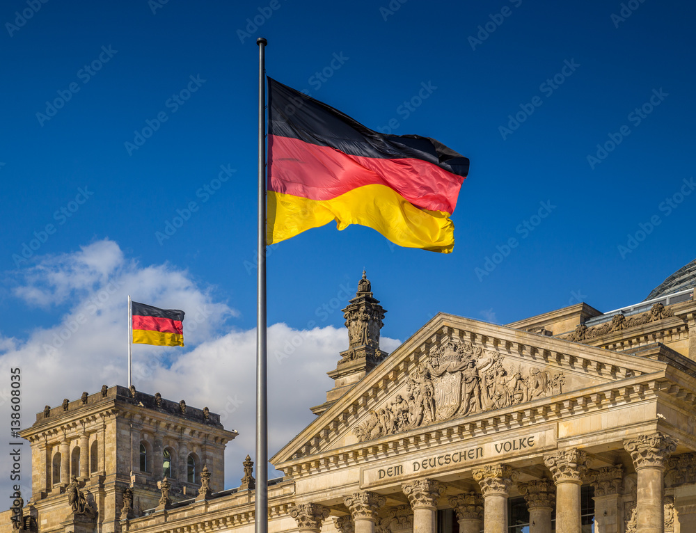 German flags waving at Reichstag, Berlin, Germany