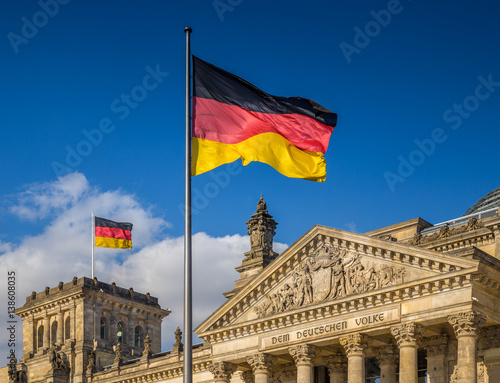 German flags waving at Reichstag, Berlin, Germany photo