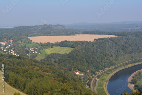 View on Elbe River from Festung Konigstein fortress  Saxon Switzerland  Bavaria  Germany. Famous tourist and travel routes. Natural lighting.