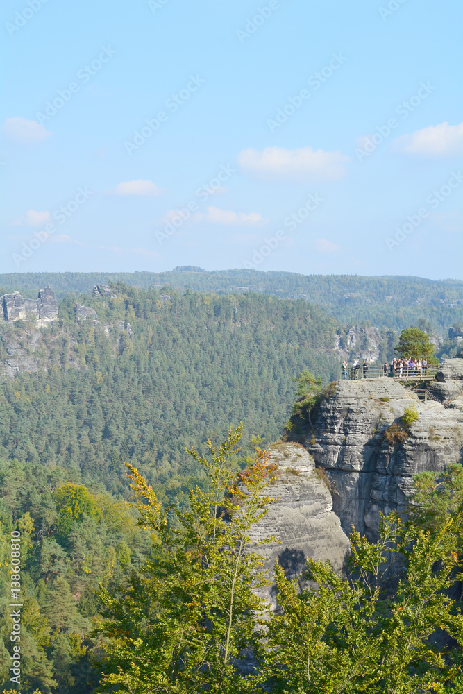 View from viewpoint of Elbe sandstone mountains National Park. Famous tourist and travel routes. Natural lighting. Saxon Switzerland, Bavaria, Germany