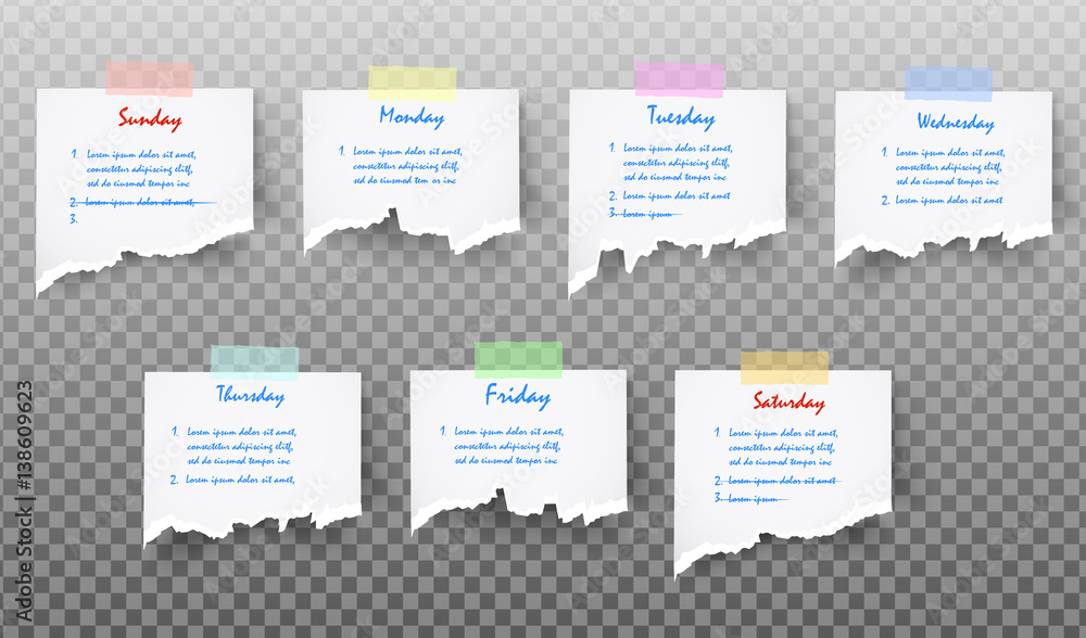 Set of White realistic vector ripped piece of paper Sticky Note Memo with clip, shadow and text isolated on transparent background. Post it paper for planning Work week, to do list.
