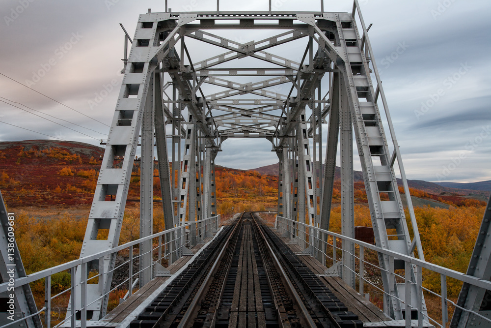 Railway bridge surrounded by autumn landscapes. Polar Urals. Russia.