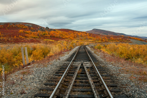 Railway surrounded by the autumn scenery. Polar Urals. Russia.