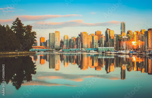 Vancouver skyline with Stanley Park at sunset, British Columbia, Canada
