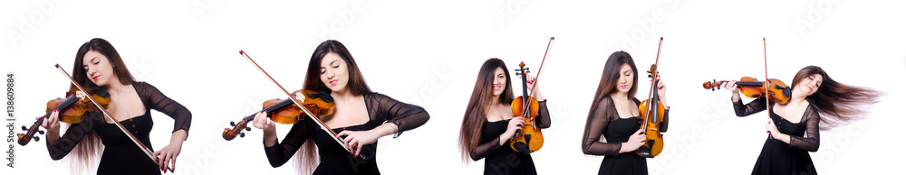 Woman performer playing violin on white Woman performer playing violin on white