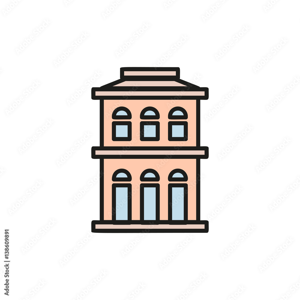 Isolated pink color low-rise municipal house in lineart style icon, element of urban architectural building vector illustration. Isolated pink color low-rise municipal house in lineart style icon, element of urban architectural building vector illustration.