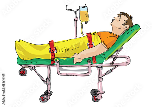 Wheeled stretcher wit patient and dropper - cartoon
