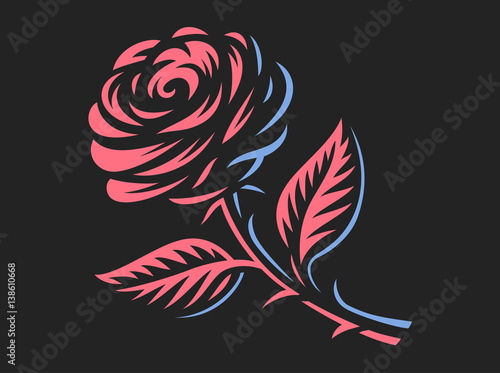 Red rose - vector illustration, emblem design on dark background