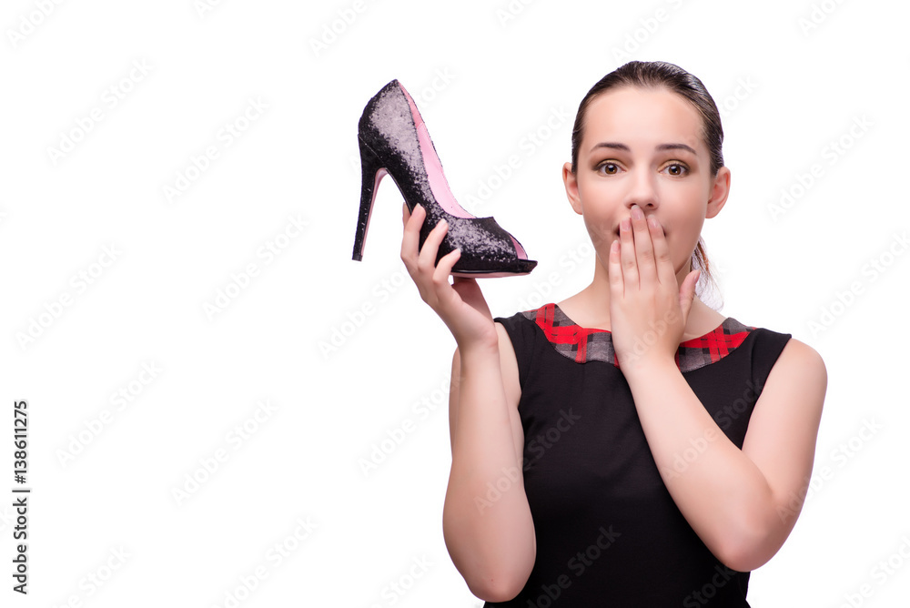 Woman with shoe isolated on white Woman with shoe isolated on white
