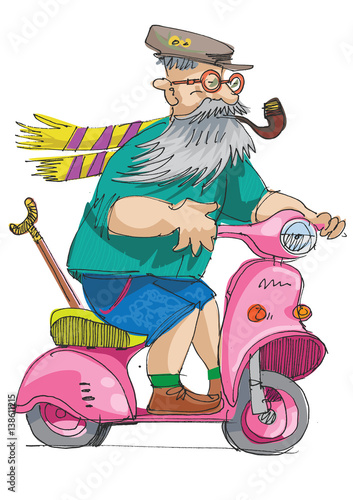 cheerful elderly person riding on a scooter - cartoon