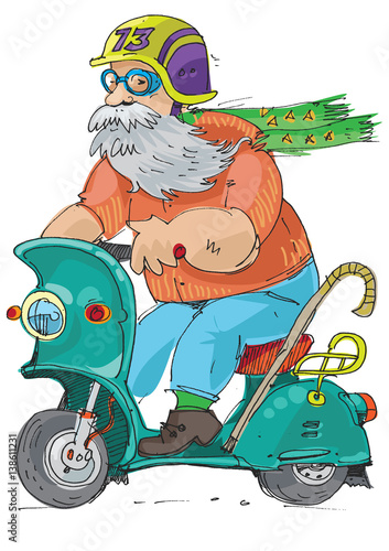 cheerful elderly person riding on a scooter - cartoon