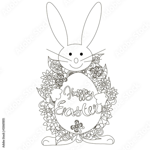 Easter Bunny from flowers with lettering Happy Easter on egg, anti stress coloring page stock vector illustration