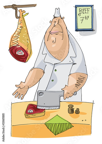 A butcher cuts meat. Butcher's shop. Cartoon. Character
