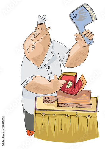 A butcher cuts meat. Butcher's shop. Cartoon. Character