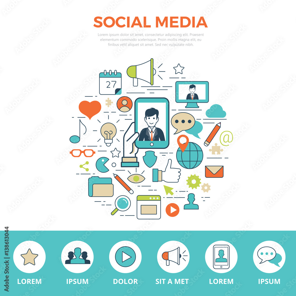 Linear flat SOCIAL MEDIA infographics website hero image vector Linear flat SOCIAL MEDIA infographics website hero image vector