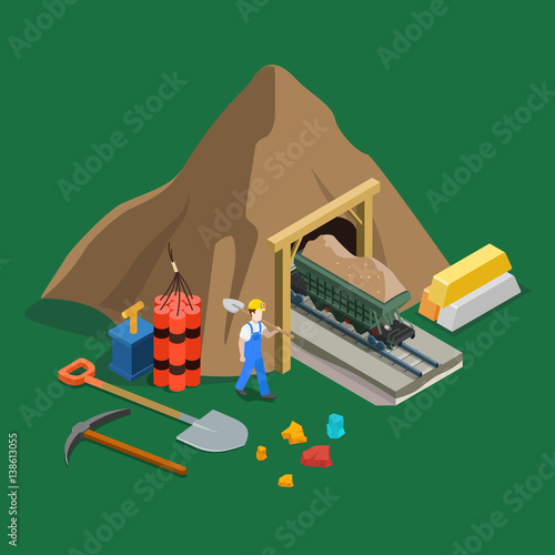 Flat isometric trolly precious metal. 3d Gold mining industry.