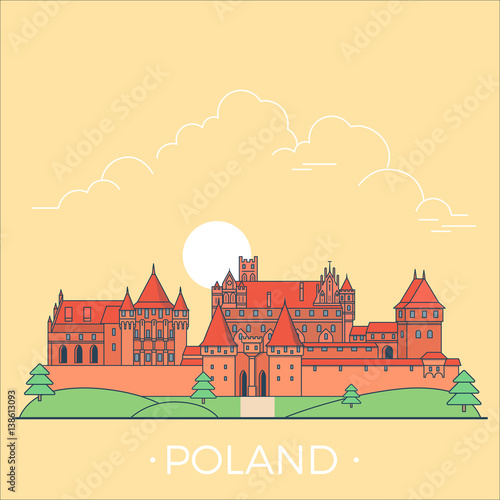 World travel in Poland Linear Flat vector design template.