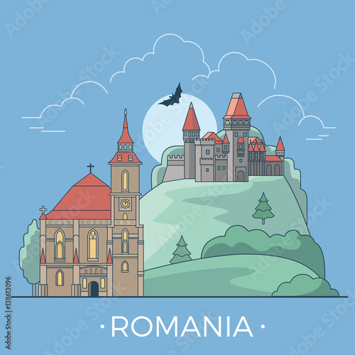 World travel in Romania Linear Flat vector design template.