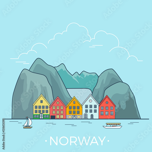 World travel in Norway Linear Flat vector design template.