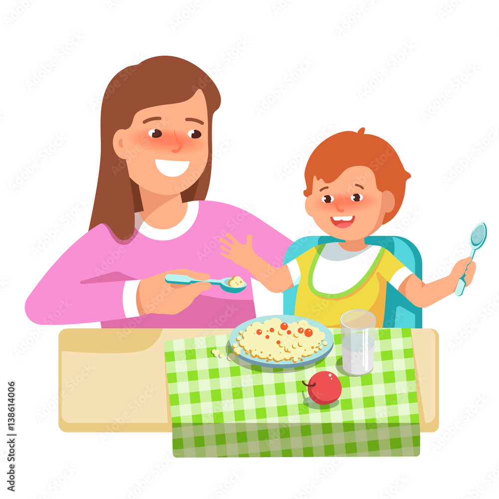 Vector illustration of happy mother feeding her child in flat style on white background. Meal in a kindergarten. Concept complementary food Vector illustration of happy mother feeding her child in flat style on white background. Meal in a kindergarten. Concept complementary food