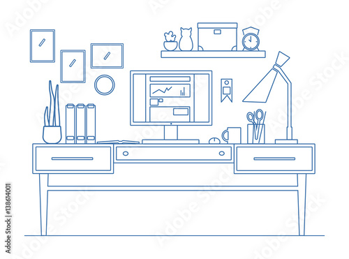 Line art workplace in flat style. illustration of modern working creative space.